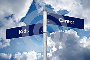 Street sign in front of cloudy sky representing difficult choice between Ã¢â¬ËkidsÃ¢â¬â¢ and Ã¢â¬Ëcareer`